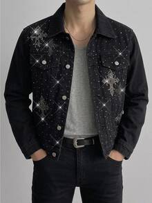 Áo khoác denim đen tay dài dáng rộng thoải mái cho bé trai tuổi tween, đính sequin sáng bóng họa tiết chữ thập - màu đen - Xem 1