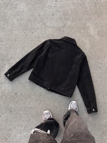 Áo khoác denim đen tay dài dáng rộng thoải mái cho bé trai tuổi tween, đính sequin sáng bóng họa tiết chữ thập - màu đen - Xem 2