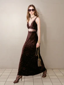 MOTF PREMIUM LAZY STYLE PLEATED VELVET & CONTRAST LACE SPAGHETTI STRAP DRESS - Dark Brown - View 6