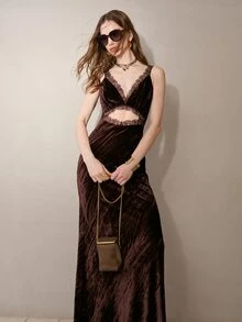 MOTF PREMIUM LAZY STYLE PLEATED VELVET & CONTRAST LACE SPAGHETTI STRAP DRESS - Dark Brown - View 5