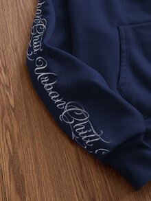 Mainfolk 男士針織休閒日常寬鬆版型英文刺繡長袖連帽衫，復古Y2K寬大街頭風，適合秋冬度假 - 藏蓝色 - 查看 6
