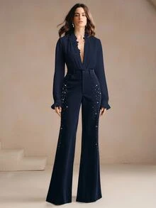 Anewsta Women's New Autumn/Winter Beaded Slimming Long Flare Pants, Suitable For Dining, Daily Wear, Commuting, Vacation, Office - Navy Blue - View 2