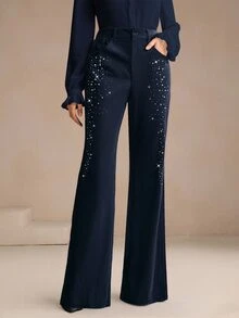 Anewsta Women's New Autumn/Winter Beaded Slimming Long Flare Pants, Suitable For Dining, Daily Wear, Commuting, Vacation, Office - Navy Blue - View 5