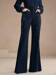Anewsta Women's New Autumn/Winter Beaded Slimming Long Flare Pants, Suitable For Dining, Daily Wear, Commuting, Vacation, Office - Navy Blue - View 4