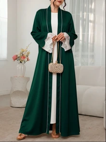 Mulvari Contrast Color Placket With Petal Decoration, Contrast Lace, Wedding Wear Arabic Long Robe Formal Christening Guest Green Winter Modest Elegant Night - Dark Green - View 7