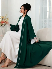 Mulvari Contrast Color Placket With Petal Decoration, Contrast Lace, Wedding Wear Arabic Long Robe Formal Christening Guest Green Winter Modest Elegant Night - Dark Green - View 5