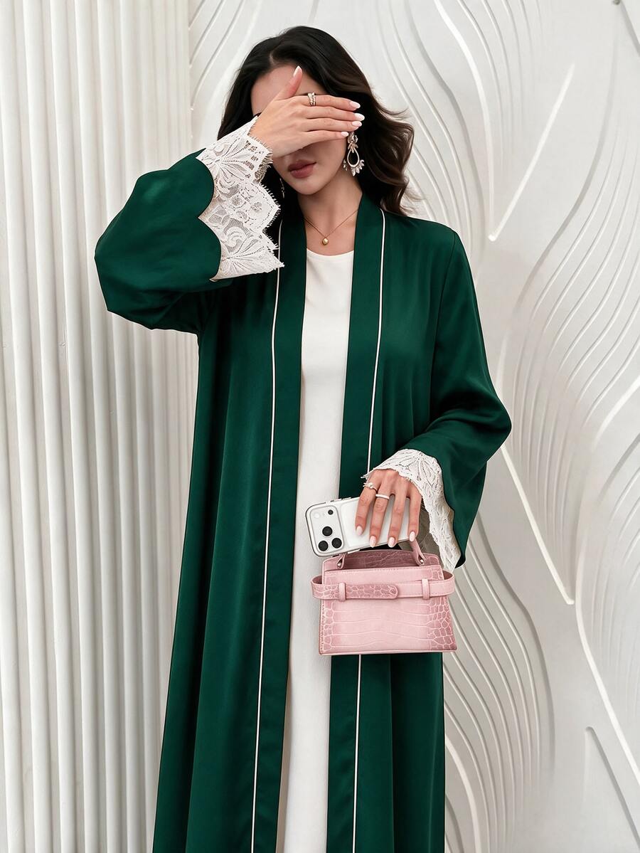 Mulvari Contrast Color Placket With Petal Decoration, Contrast Lace, Wedding Wear Arabic Long Robe Formal Christening Guest Green Winter Modest Elegant Night