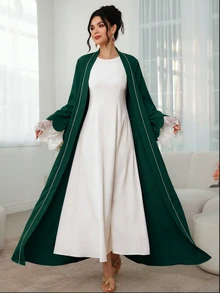 Mulvari Contrast Color Placket With Petal Decoration, Contrast Lace, Wedding Wear Arabic Long Robe Formal Christening Guest Green Winter Modest Elegant Night - Dark Green - View 8