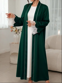 Mulvari Contrast Color Placket With Petal Decoration, Contrast Lace, Wedding Wear Arabic Long Robe Formal Christening Guest Green Winter Modest Elegant Night - Dark Green - View 6