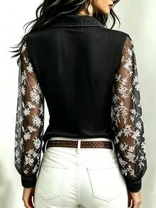 SHEIN LUNE 女款秋季網格拼接休閒百搭日常穿著襯衫 - 彩色 - 查看 2