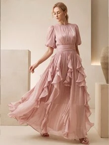 Anewsta Elegant Short Sleeve Women's Dress, Romantic And Graceful, With Waist Ruching, Stylized, Shimmering Ruched Hem, Pink, Suitable For Banquets, Parties And Conferences - Dusty Pink - View 4