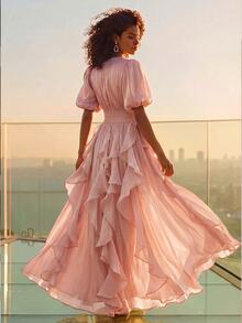 Anewsta Elegant Short Sleeve Women's Dress, Romantic And Graceful, With Waist Ruching, Stylized, Shimmering Ruched Hem, Pink, Suitable For Banquets, Parties And Conferences - Dusty Pink - View 2