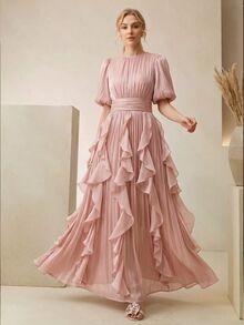 Anewsta Elegant Short Sleeve Women's Dress, Romantic And Graceful, With Waist Ruching, Stylized, Shimmering Ruched Hem, Pink, Suitable For Banquets, Parties And Conferences - Dusty Pink - View 6