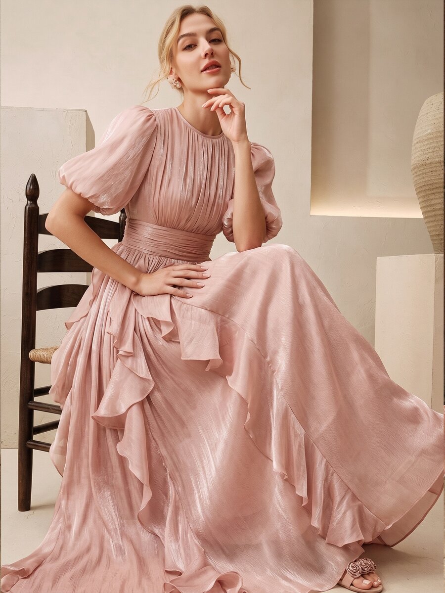 Anewsta Elegant Short Sleeve Women's Dress, Romantic And Graceful, With Waist Ruching, Stylized, Shimmering Ruched Hem, Pink, Suitable For Banquets, Parties And Conferences - Dusty Pink - View 1