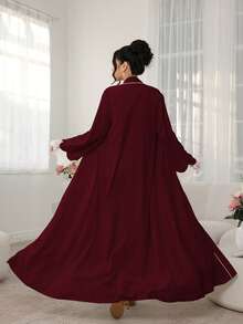 Mulvari Áo choàng ren phối màu cổ và cổ tay dáng rộng, màu trắng, phong cách kín đáo thanh lịch, phù hợp cho lễ rửa tội, khách dự lễ xác nhận, mùa đông và ngày lễ - Màu Đỏ Sâu - Xem 2