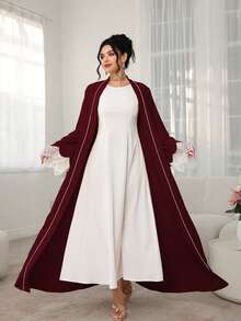 Mulvari Áo choàng ren phối màu cổ và cổ tay dáng rộng, màu trắng, phong cách kín đáo thanh lịch, phù hợp cho lễ rửa tội, khách dự lễ xác nhận, mùa đông và ngày lễ - Màu Đỏ Sâu - Xem 6