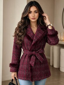 Yalmera Áo khoác len pha thời trang đa năng cho nữ có dây thắt eo - Đỏ - Xem 1
