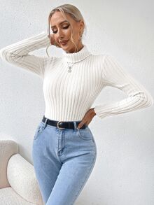 SHEIN Clasi Turtleneck Ribbed Knit Bodysuit Fall Cloth For Women - White - View 6