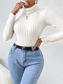 SHEIN Clasi Turtleneck Ribbed Knit Bodysuit Fall Cloth For Women - White - View 3