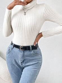 SHEIN Clasi Turtleneck Ribbed Knit Bodysuit Fall Cloth For Women - White - View 4
