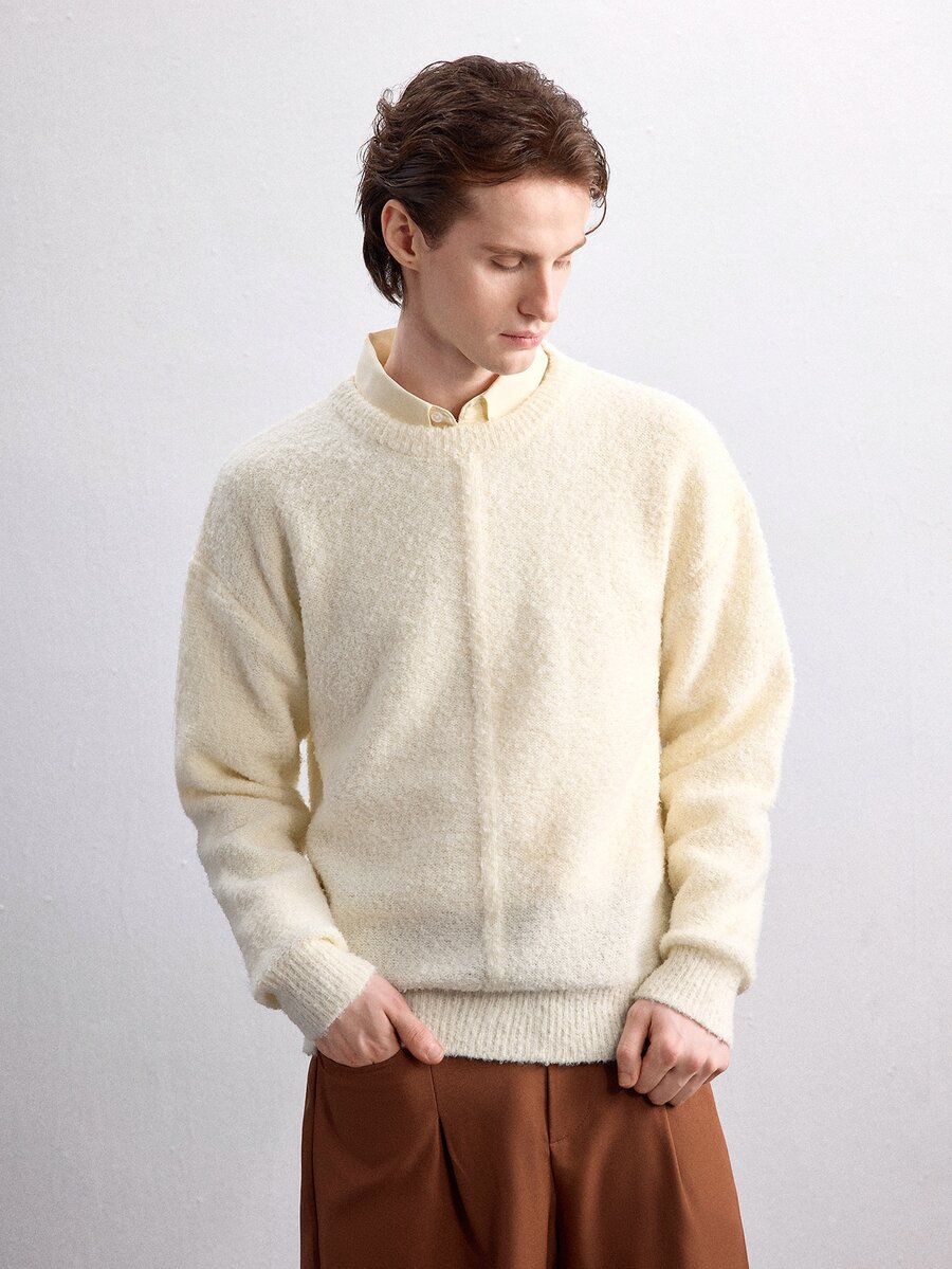 Manfinity CasualKnits 男士素色圓領休閒日常長袖針織衫 - 杏色 - 查看 1