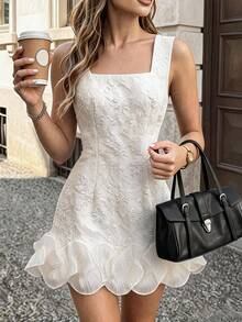 SHEIN Women's Summer Elegant Jacquard Ruffle Hem Dress - Apricot - View 3