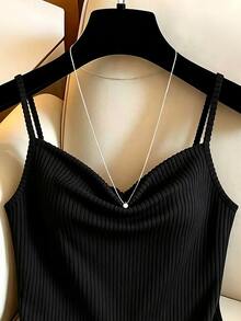 SHEIN 女款優雅背心、女款休閒背心、女款毛絨羅紋背心、女款保暖內裡背心、秋季穿搭、冬季衣物、底層背心、不對稱下擺對比蕾絲、圓領背心、黑色背心、外出上衣、通勤背心、辦公穿搭、性感上衣、社交上衣、鄉村風、休閒上衣 - 黑色 - 查看 6