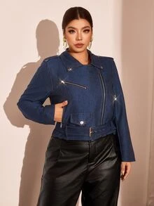 Cravure Plus Size Women's Long Sleeve Zipper Front Casual Motorcycle Jacket Winter - Blue - View 8