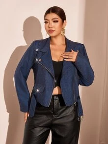 Cravure Plus Size Women's Long Sleeve Zipper Front Casual Motorcycle Jacket Winter - Blue - View 4