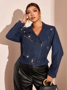Cravure Plus Size Women's Long Sleeve Zipper Front Casual Motorcycle Jacket Winter - Blue - View 7