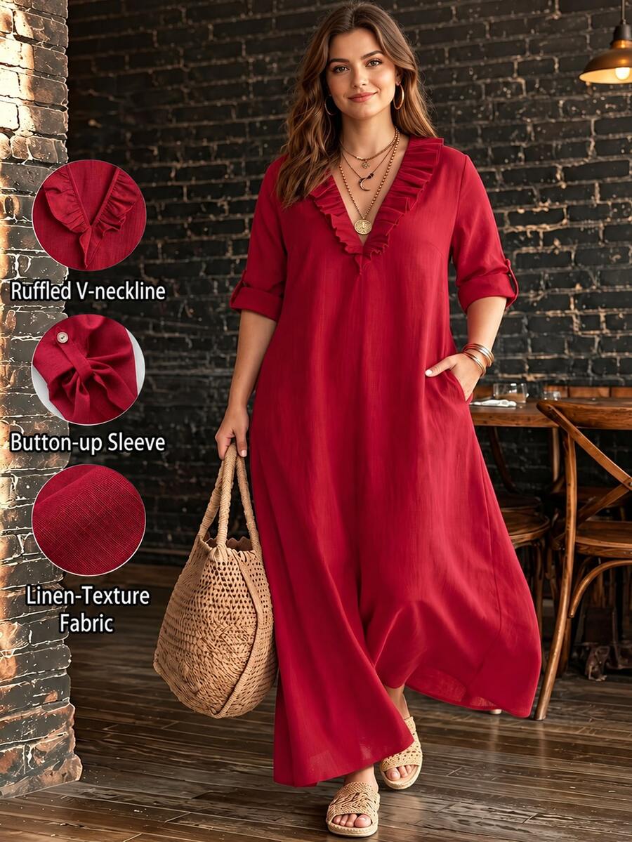 SHEIN LUNE CURVE Plus Size Women's Autumn Minimalist Boho Solid Red V-Neck Ruffle Hem Loose Straight Pocket Mid-Sleeve Dress, Suitable For Home, Outings Fall - Red - View 1
