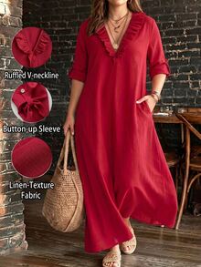 SHEIN LUNE CURVE Plus Size Women's Autumn Minimalist Boho Solid Red V-Neck Ruffle Hem Loose Straight Pocket Mid-Sleeve Dress, Suitable For Home, Outings Fall - Red - View 3