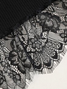 Velvienne Women's Plus Size Autumn Single Piece Semi-High Neck Ribbed Knit Top, Lace Flared Sleeves, Split Hem, Ruffle Bottom, Slim Fit, Flattering, Long Sleeve Base Layer - Black - View 4