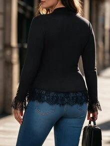 Velvienne Women's Plus Size Autumn Single Piece Semi-High Neck Ribbed Knit Top, Lace Flared Sleeves, Split Hem, Ruffle Bottom, Slim Fit, Flattering, Long Sleeve Base Layer - Black - View 2