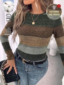 Easowa 95%棉全印花女款方領長袖T恤，條紋印花，極簡復古風，優雅通勤，百搭舒適，適合秋季日常、通勤、出遊與機場穿搭 - 彩色 - 查看 1