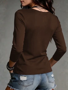 Yalmera 女款 2026 秋冬 透視領拼接長袖打底 T-shirt - 棕色 - 查看 2