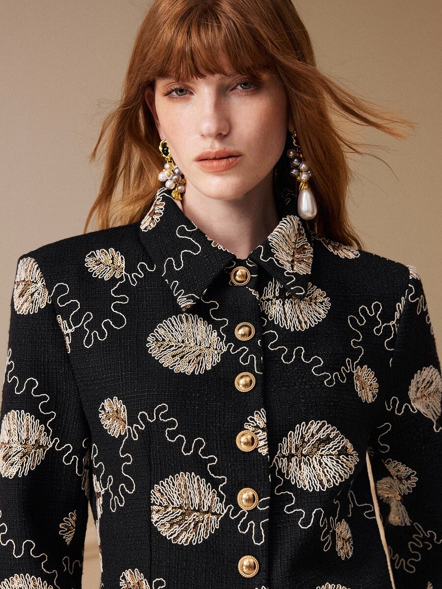 Arave Blazer de mujer de unicolor, ajuste ceñido a la cintura, cuello de camisa, manga larga, elegante para cena de Navidad y Año Nuevo, negro y plateado - Negro - Ver 1