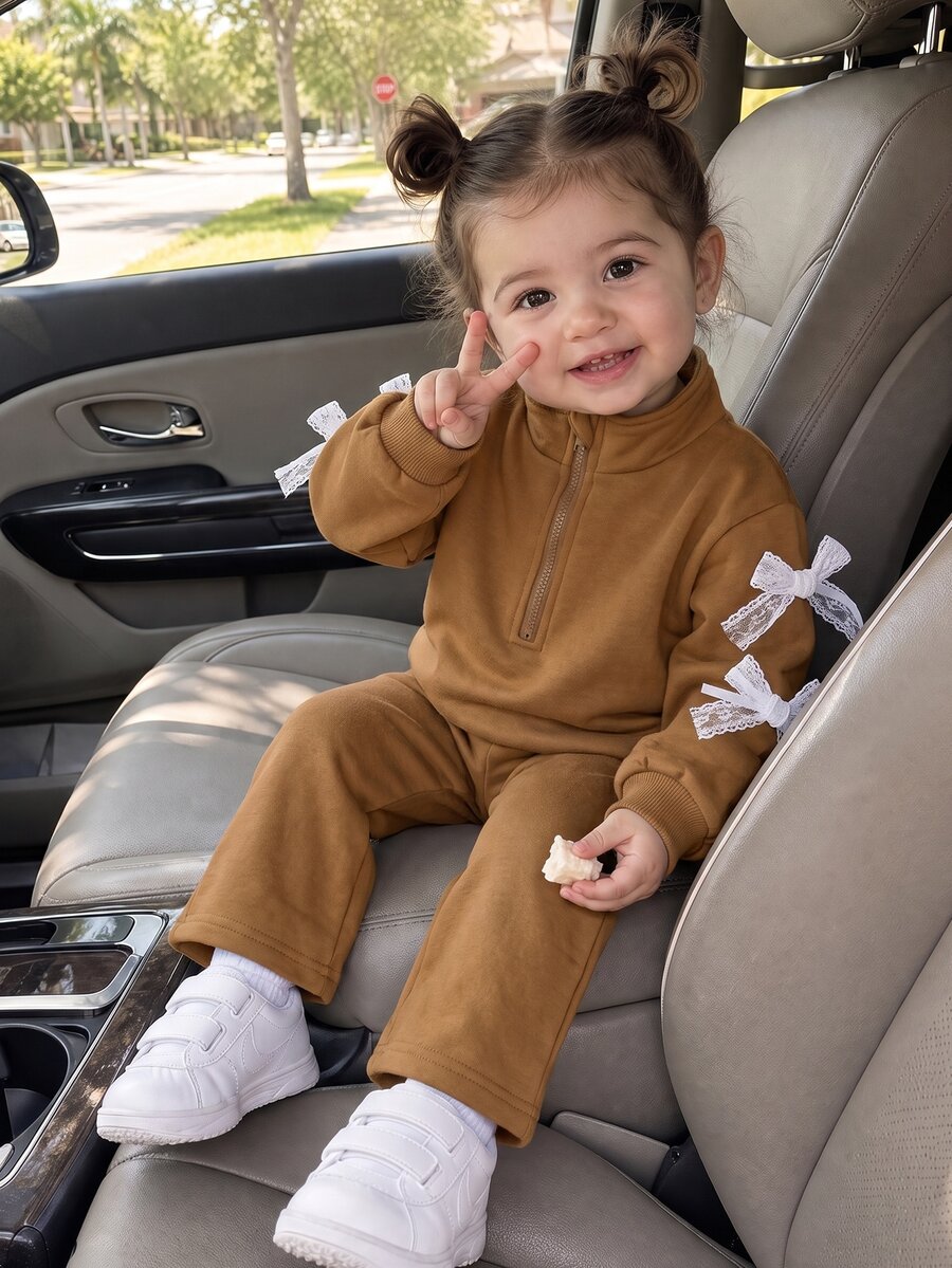 SHEIN 2pcs Toddler Girl Sweatshirt Pants Set Cute Sweet Camel Lace Bow Half Zip Long Sleeve Stand Collar Fleece Birthday Party Fall Ballet Ballerina Plain - Brown - View 1
