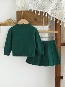 SHEIN 女嬰針織套裝 2 件組，上衣與裙子，花卉重工刺繡圓領套頭衫，柔軟服飾，深綠色，可愛聖誕風 - 橄欖綠 - 查看 3