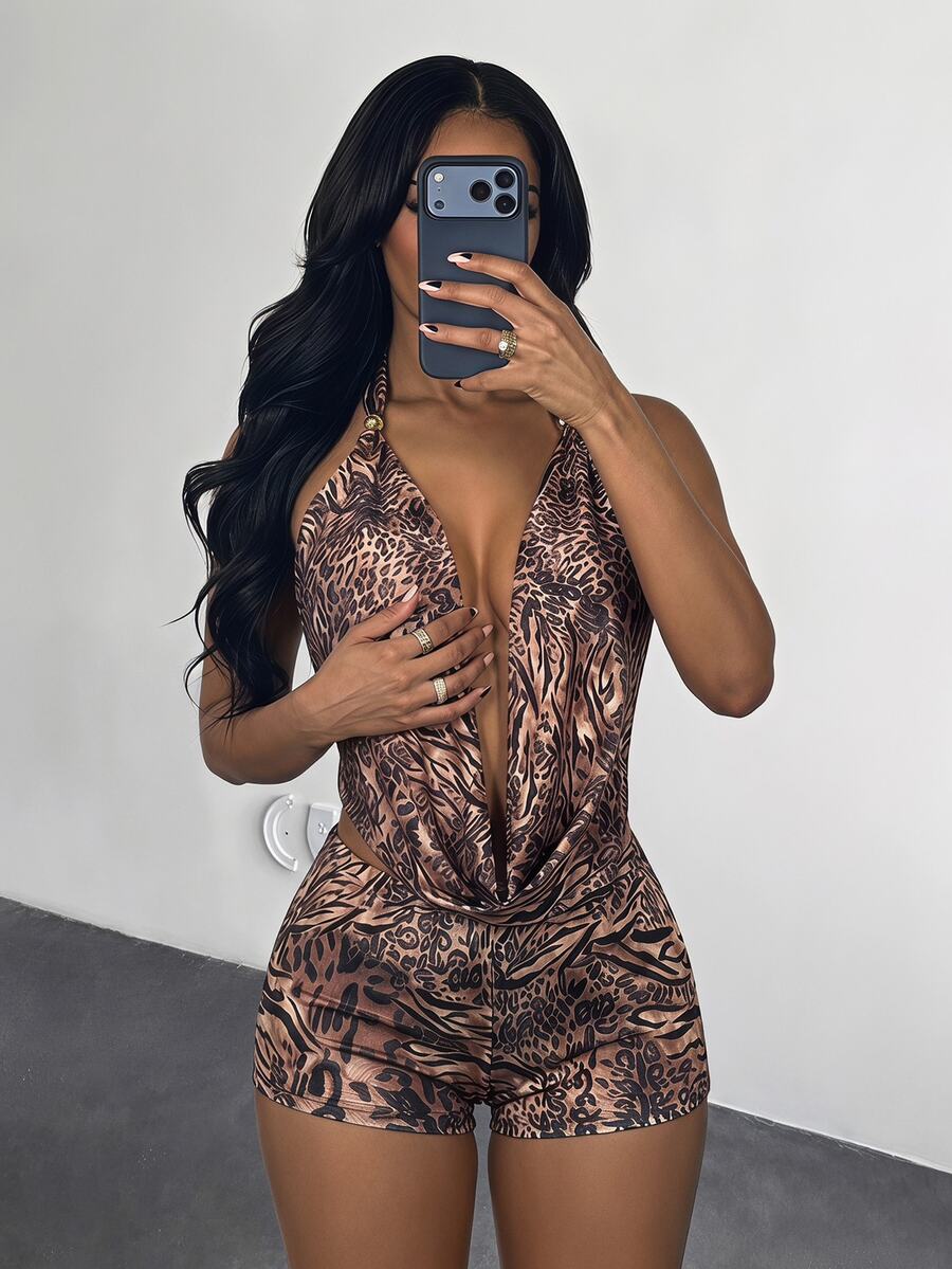 SHEIN SXY Animal Print Halter Top Ultra-Short Shorts Set Carnival Club Party Rave Outfit Summer Spring Beach Y2K Sexy 2 Pieces Cheetah Brown - Multicolor - View 1