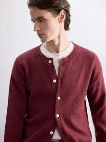 Claim Dot Men's Shades Of Green Cardigan,Autumn & Winter Back-To-School Button-Front Long Sleeve Top,Casual Graduation Plain Drop Shoulder Chunky Urban Cardigan - Red - View 6