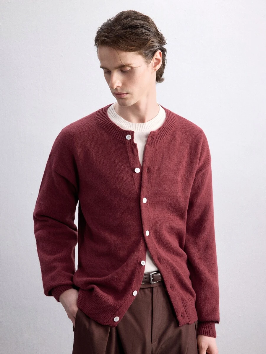 Claim Dot Men's Shades Of Green Cardigan,Autumn & Winter Back-To-School Button-Front Long Sleeve Top,Casual Graduation Plain Drop Shoulder Chunky Urban Cardigan - Red - View 1