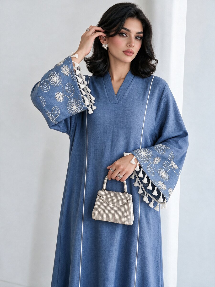 Al Najma 寬鬆休閒 Filipiniana 風格女款長版罩衫,端莊優雅刺繡流蘇袖口,土耳其阿拉伯傳統風,正式深藍色,適合秋季 Ninang 婚禮早晨穿著 - 藍色 - 查看 1
