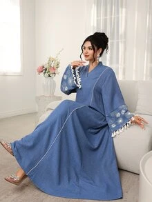Al Najma 寬鬆休閒 Filipiniana 風格女款長版罩衫，端莊優雅刺繡流蘇袖口，土耳其阿拉伯傳統風，正式深藍色，適合秋季 Ninang 婚禮早晨穿著 - 藍色 - 查看 8