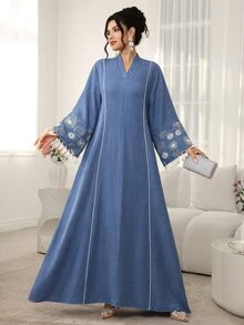 Al Najma 寬鬆休閒 Filipiniana 風格女款長版罩衫，端莊優雅刺繡流蘇袖口，土耳其阿拉伯傳統風，正式深藍色，適合秋季 Ninang 婚禮早晨穿著 - 藍色 - 查看 5