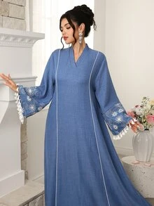 Al Najma 寬鬆休閒 Filipiniana 風格女款長版罩衫，端莊優雅刺繡流蘇袖口，土耳其阿拉伯傳統風，正式深藍色，適合秋季 Ninang 婚禮早晨穿著 - 藍色 - 查看 4