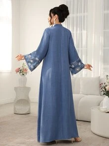 Al Najma 寬鬆休閒 Filipiniana 風格女款長版罩衫，端莊優雅刺繡流蘇袖口，土耳其阿拉伯傳統風，正式深藍色，適合秋季 Ninang 婚禮早晨穿著 - 藍色 - 查看 6