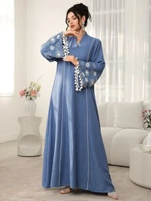 Al Najma 寬鬆休閒 Filipiniana 風格女款長版罩衫，端莊優雅刺繡流蘇袖口，土耳其阿拉伯傳統風，正式深藍色，適合秋季 Ninang 婚禮早晨穿著 - 藍色 - 查看 2