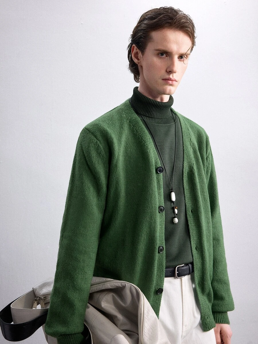 Claim Dot Men's Solid Color Button-Front Long Sleeve Casual Streetwear Cardigan, Fall/Winter College Off Campus Dark Green - Olive Green - View 1