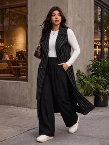 Enliva Plus-Size Women's Black Sleeveless Casual Elegant Smart Trench Coat, Leather Jacket Rounded Body Office Formal Business Autumn Fall Winter - Black - View 1